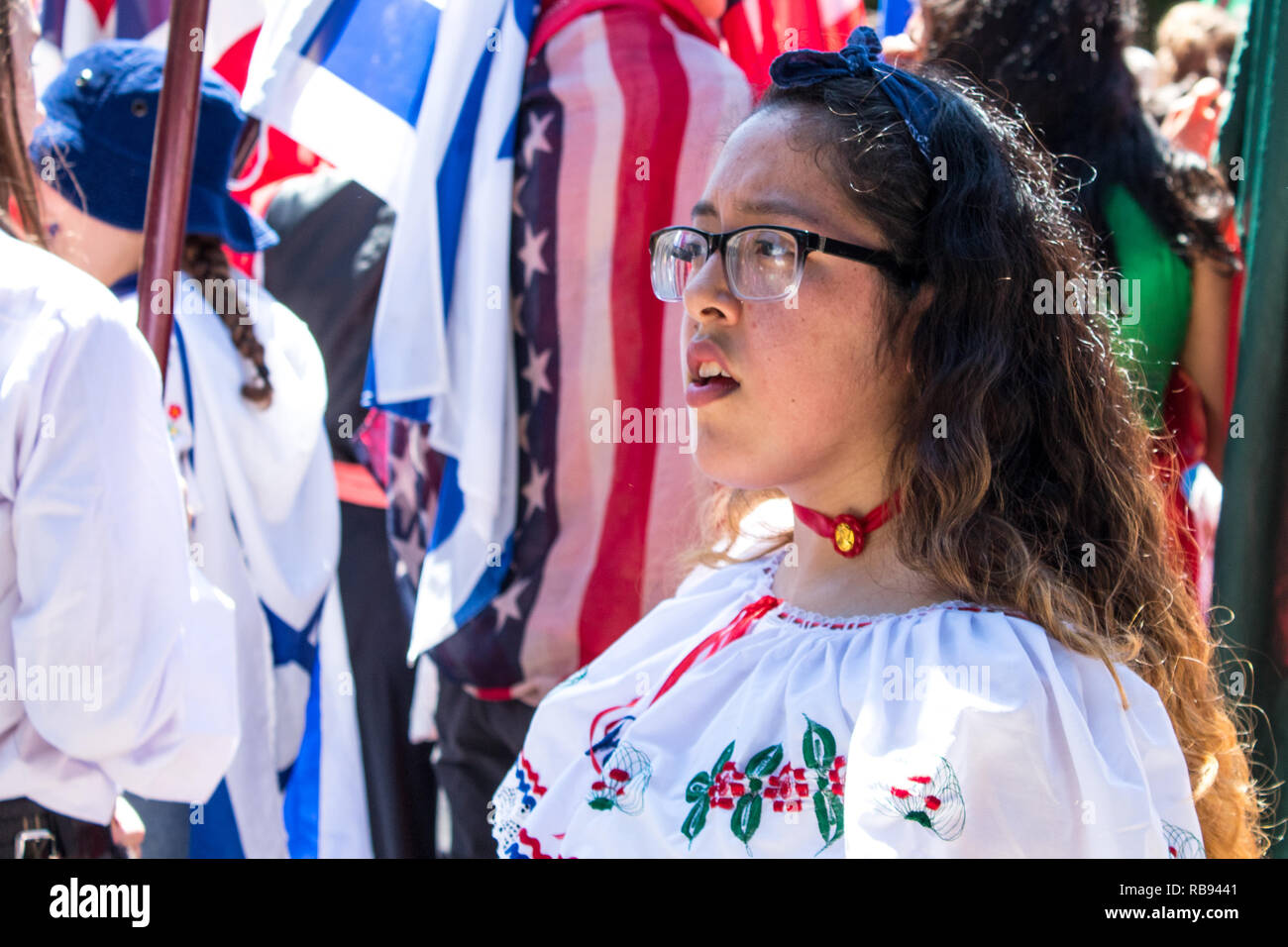 A portrait of a beautiful Costa Rican woman celebrating the independence day of Costa Rica Stock Photo