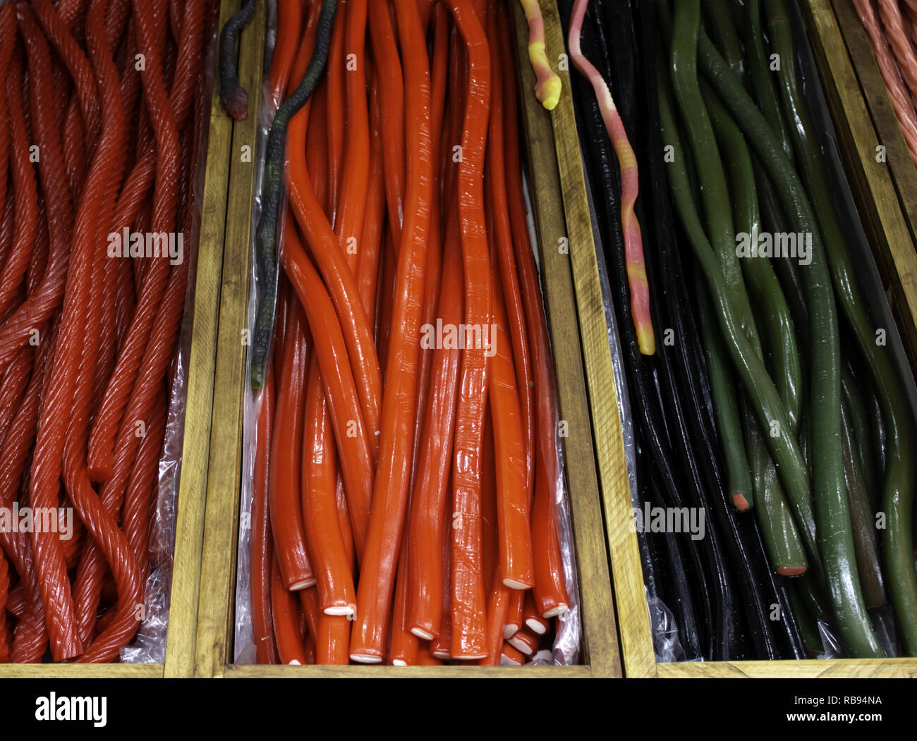 Licorice jelly beans Store sugar, unhealthy food and sweets Stock Photo