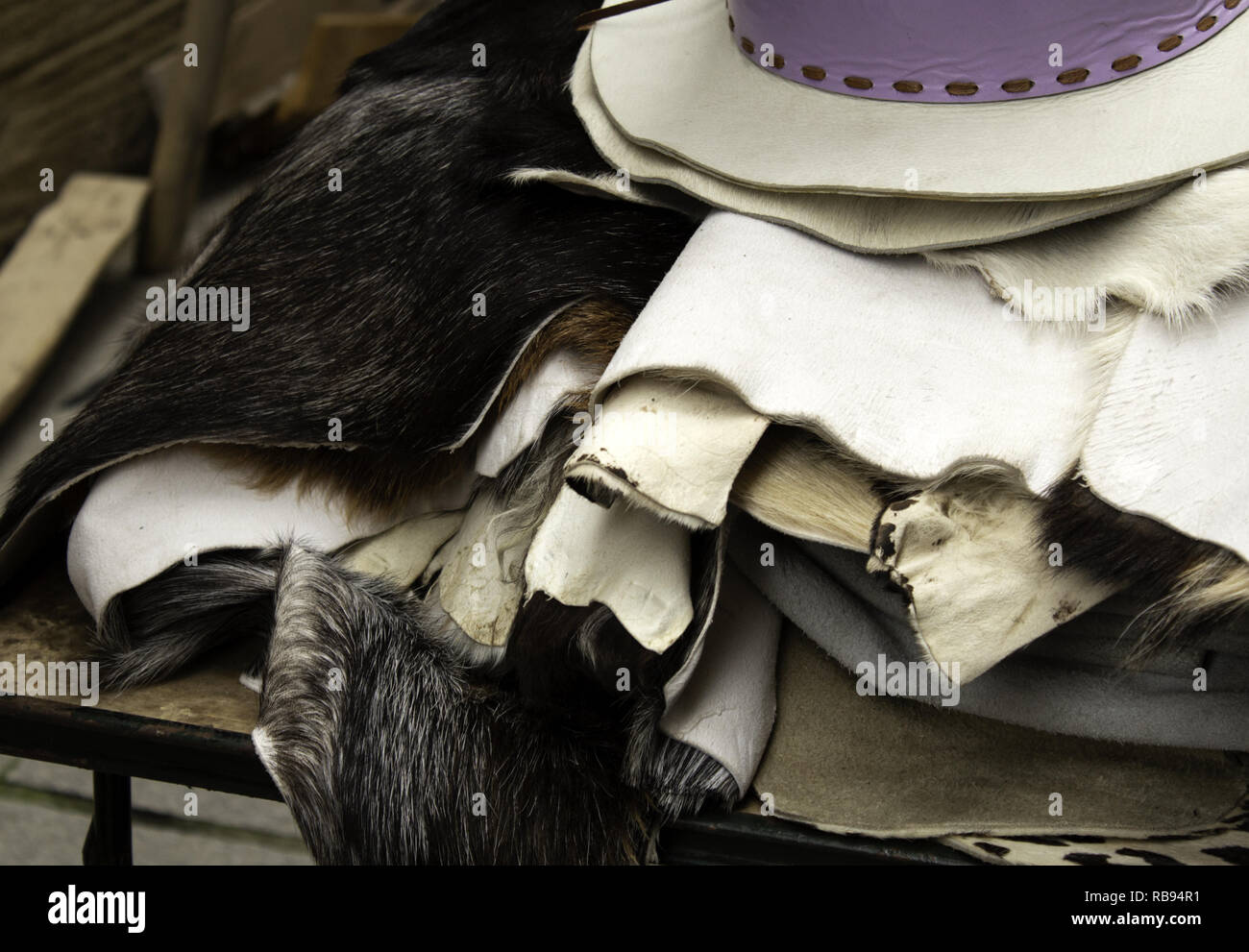 Natural animal skins in fur, fashion accessories, blankets Stock Photo