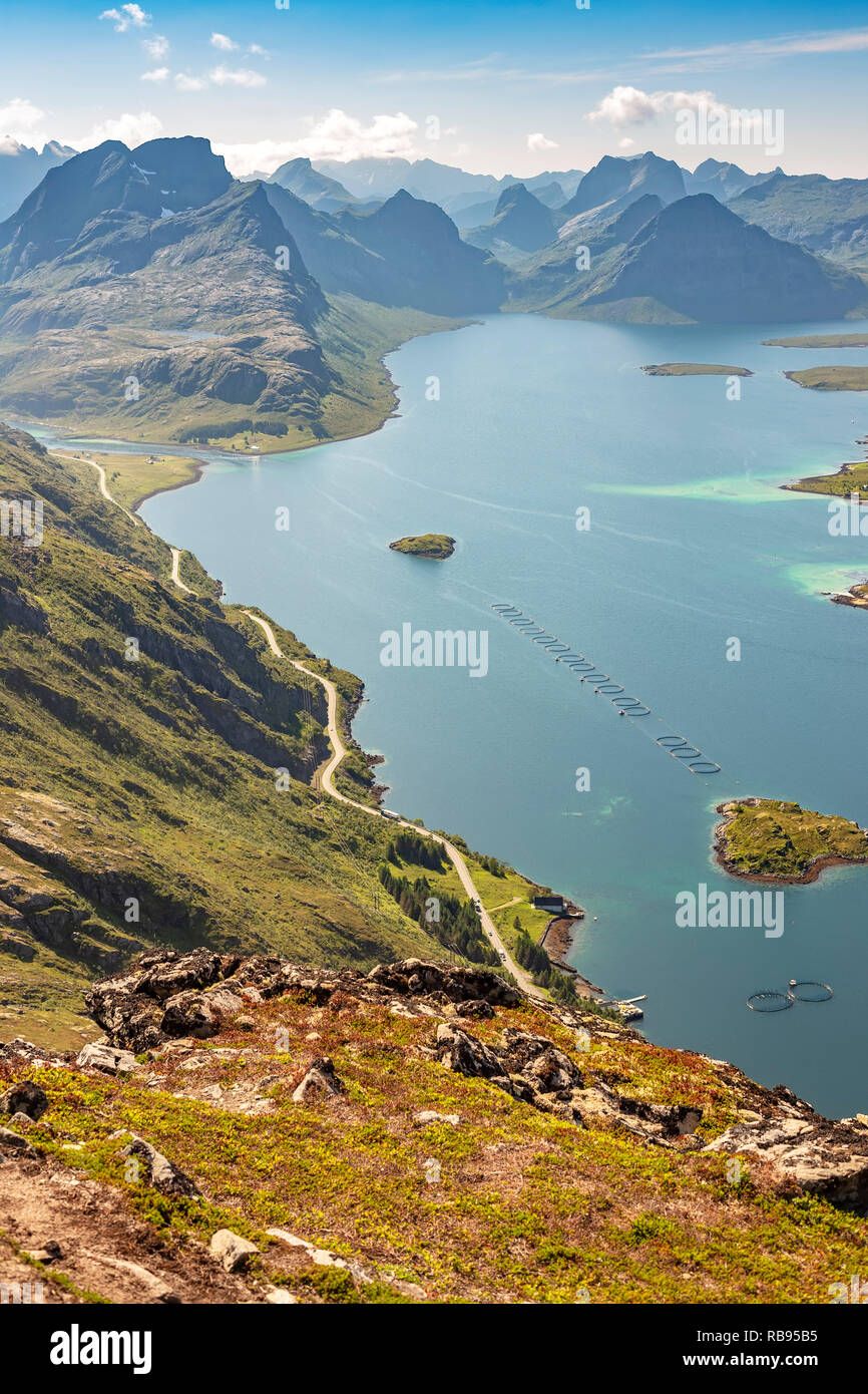 Fjord and fishing farm in Lofotens, Northern Norway Stock Photo