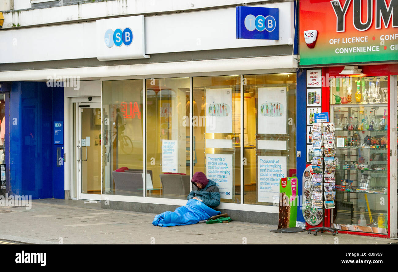 Brighton UK 8th January 2019 A homeless man outside a TSB bank on the streets of Brighton
