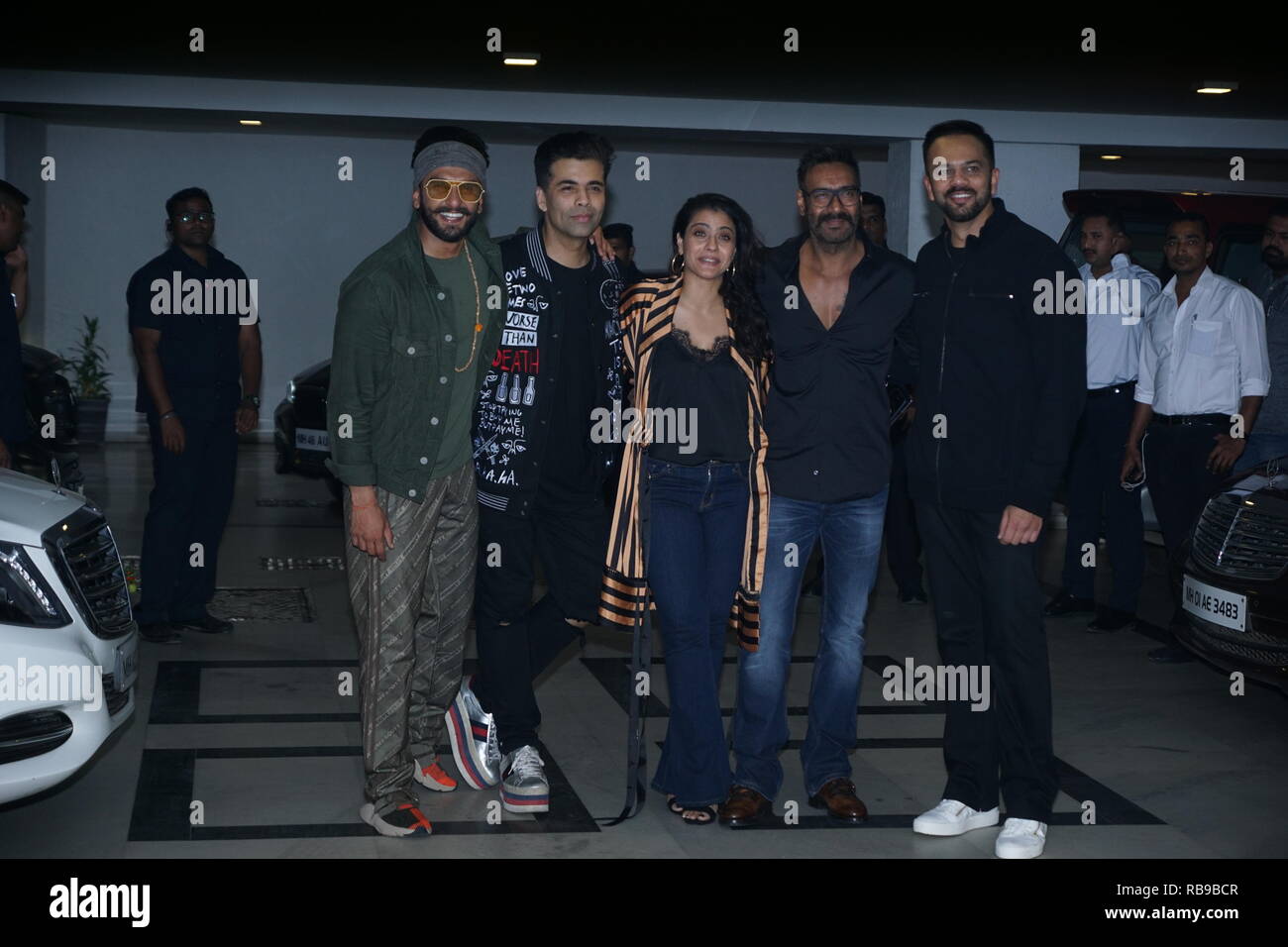 Mumbai,India, 7th jan 2019 : Bollywood actor Ranveer singh ,rohit shetty ,karon jahor ajay and kajol devgan  came to karan jahor  house for film SIMBA success party aat khar in Mumbai india on 7th jan 2019 . Photo by Prodip Guha Stock Photo