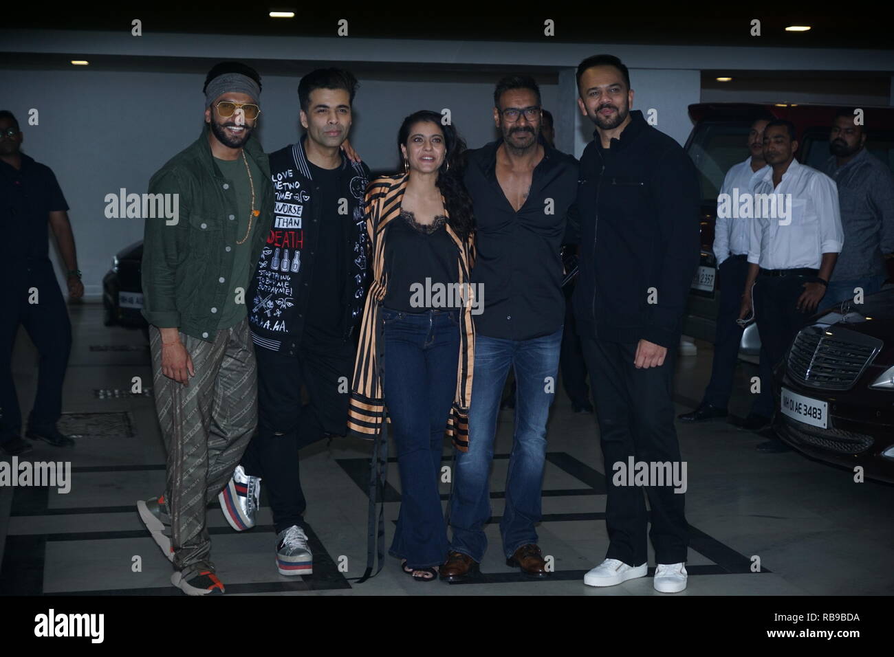 Mumbai,India, 7th jan 2019 : Bollywood actor Ranveer singh ,rohit shetty ,karon jahor ajay and kajol devgan  came to karan jahor  house for film SIMBA success party aat khar in Mumbai india on 7th jan 2019 . Photo by Prodip Guha Stock Photo