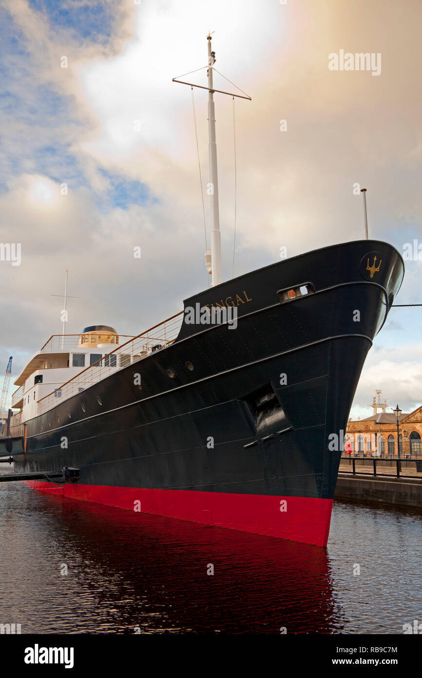 Edinburgh, Leith, Scotland, UK. 8 January 2019. Reservations opened this week for overnight stays on the five-star ship MV Fingal in Leith, moored near sister ship the Royal Yacht Britannia. Fingal a luxury floating hotel berthed in Leith on Edinburgh's waterfront, transformed into an exquisite 23 cabin boutique hotel and an exclusive function venue by the award winning team at the Royal Yacht Britannia. Stock Photo
