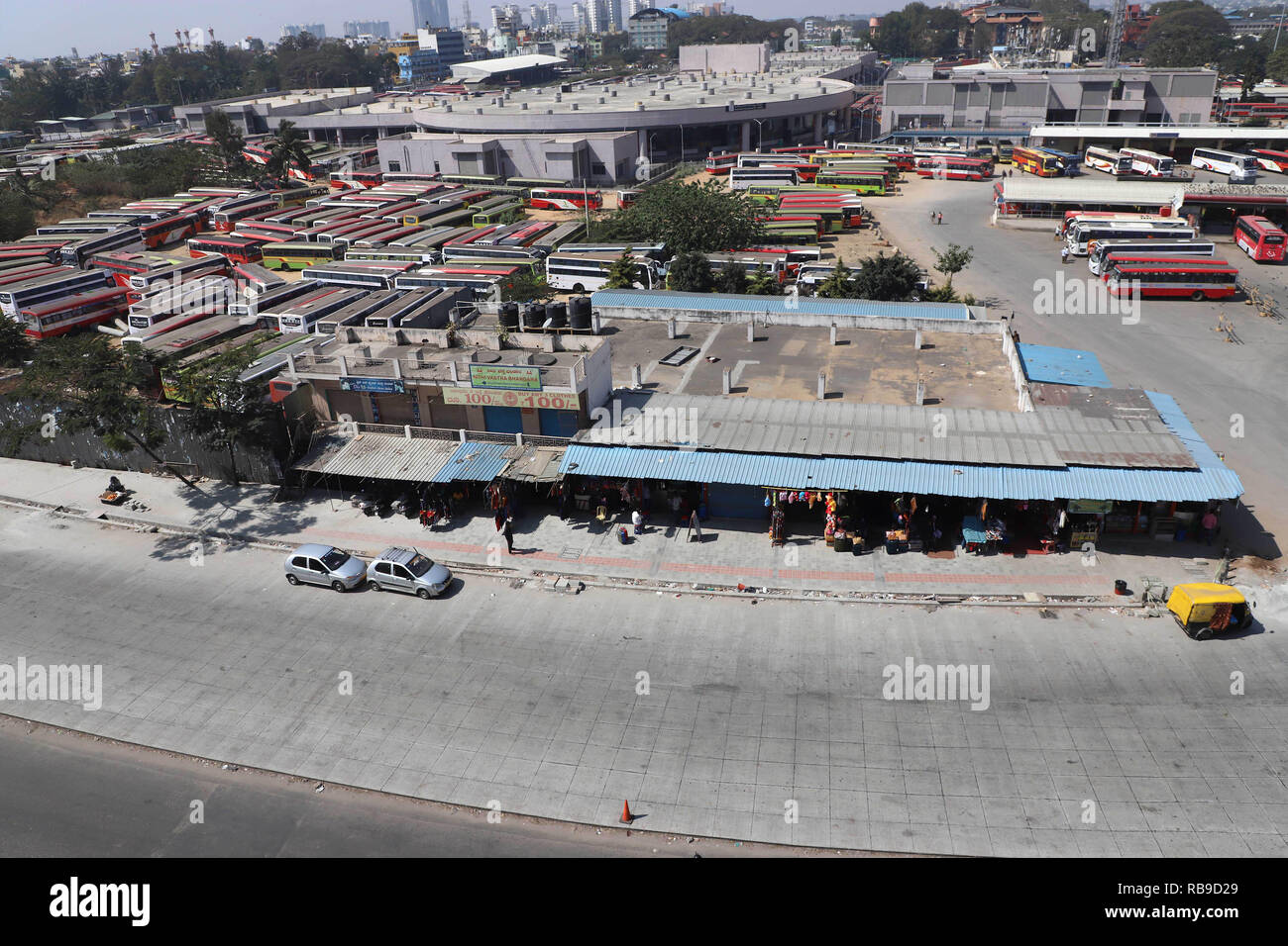 Bangalore, India. 8th Jan, 2019. Buses are parked at a main bus station in Bangalore, India, Jan. 8, 2019. A two-day nationwide strike called by Central Trade Unions (CTUs) began Tuesday in India to protest against the government's alleged anti-worker policies and unilateral labor reforms. Credit: Stringer/Xinhua/Alamy Live News Stock Photo