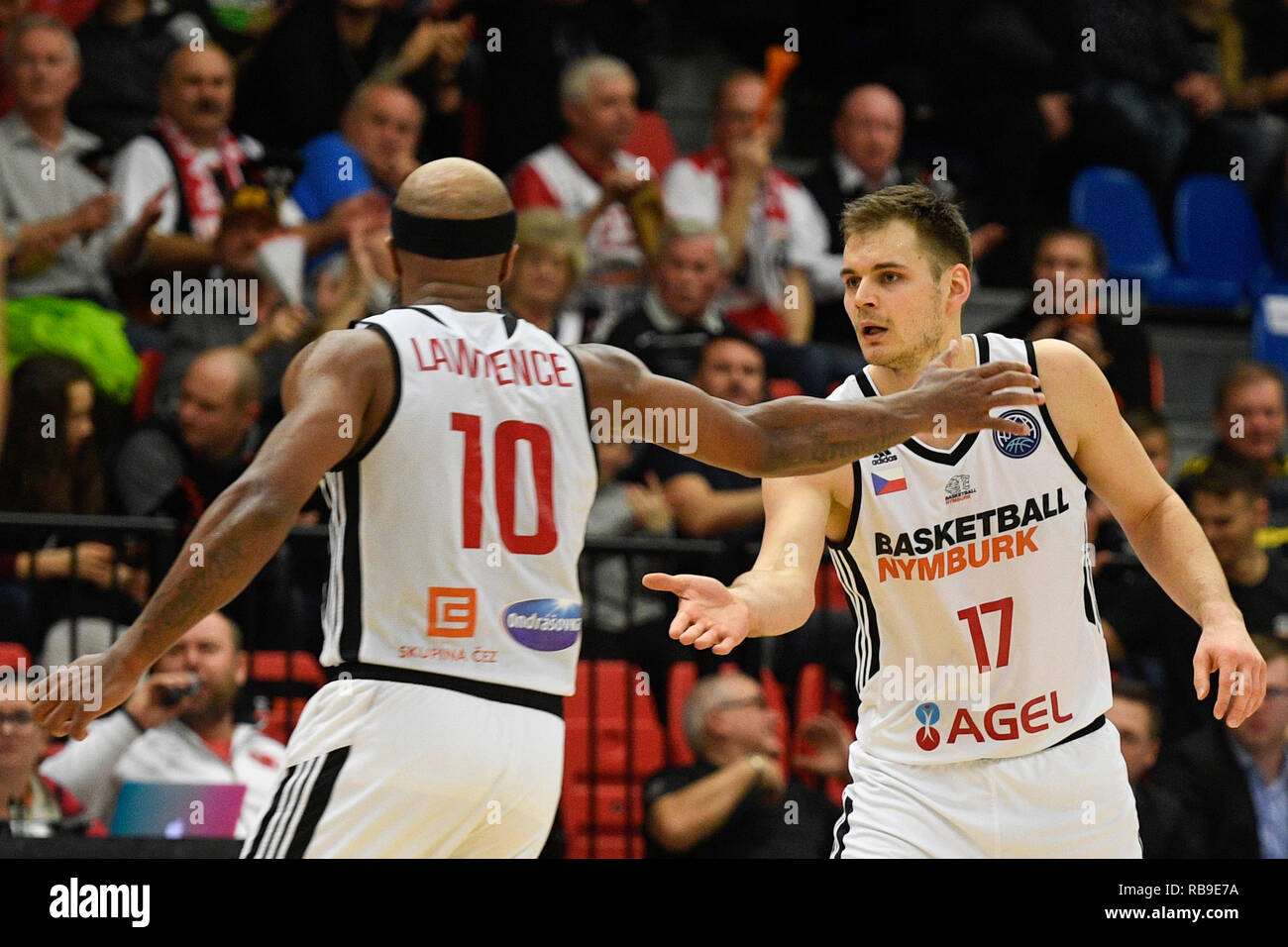 Nymburk, Czech Republic. 08th Jan, 2019. From right JAROMIR BOHACIK, EUGENE LAWRENCE both of Nymburk in action during Men's basketball Champions League, 10th round, Group C match Lietkabelis Panevezys of Lithuania vs. Czech CEZ Basketball Nymburk in Nymburk, Czech Republic, January 8, 2019. Credit: Michal Kamaryt/CTK Photo/Alamy Live News Stock Photo