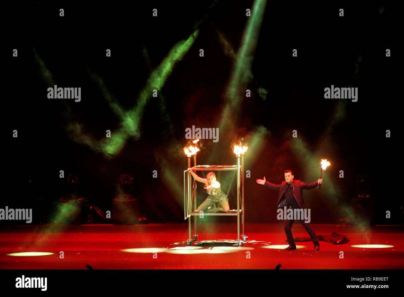 Athens, Greece. 7th Jan, 2019. Magician seen with a woman in a box with  fire performing during the magic show.The best and the most awarded Las  Vegas magicians presented figures that stunned