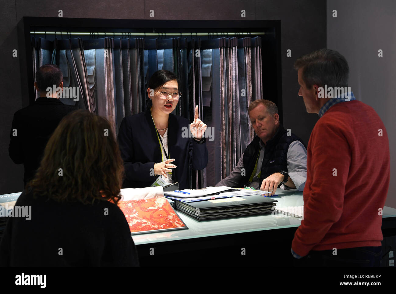 Frankfurt, Germany. 8th Jan, 2019. People visit a Chinese exhibition booth during Heimtextil in Frankfurt, Germany, on Jan. 8, 2019. The World's largest international trade fair for home and contract textiles, namely Heimtextil, kicked off Tuesday in Frankfurt. Credit: Lu Yang/Xinhua/Alamy Live News Stock Photo