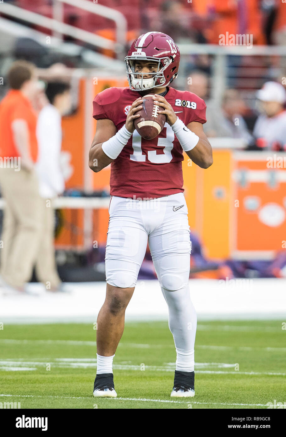 January 07 2019 Alabama Quarterback Tua Tagovailoa 13 During Pregame Of College Football Playoff National Championship Game Action Between The Clemson Tigers And Alabama Crimson Tide At Levi S Stadium In Santa Clara