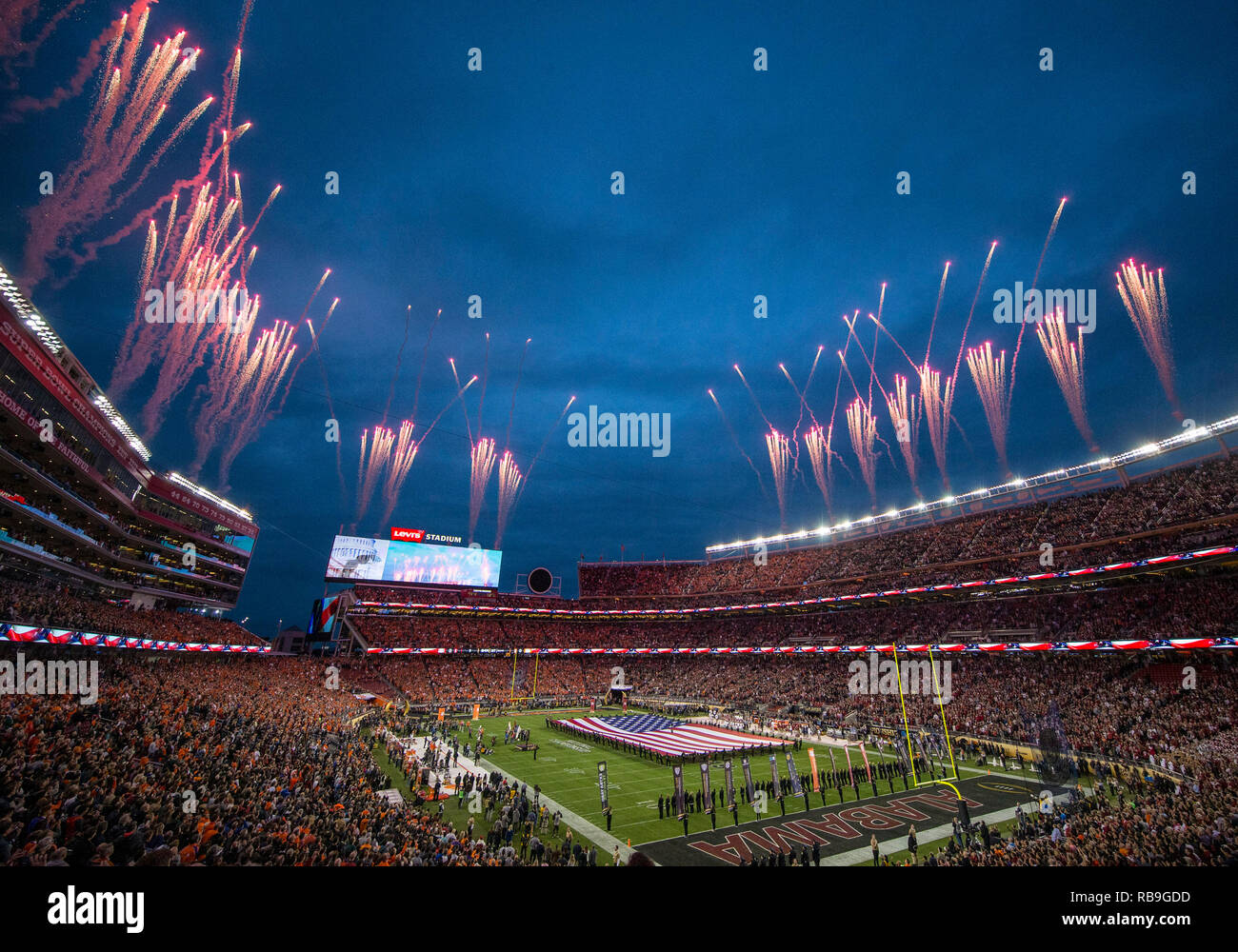 January 07, 2019: Fireworks during the National Anthem prior to College  Football Playoff National Championship game action between the Clemson  Tigers and Alabama Crimson Tide at Levi's Stadium in Santa Clara,  California.