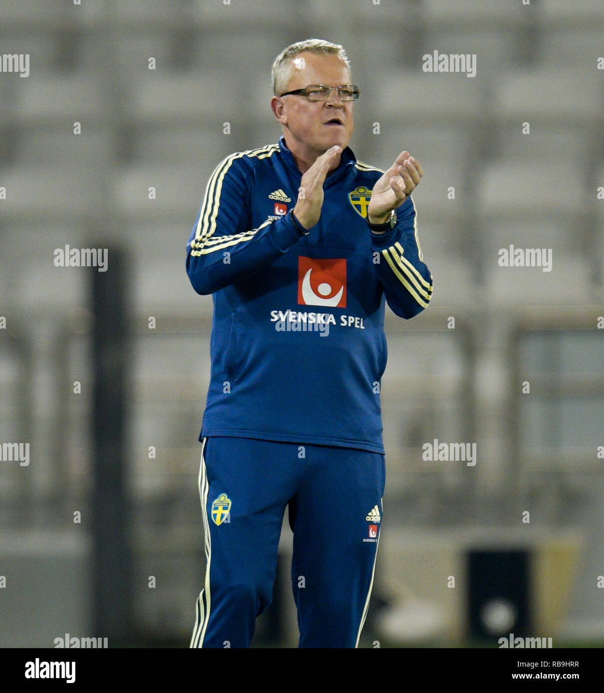 Doha, Qatar. 8th Jan, 2019. Sweden's head coach Janne Andersson reacts during the international friendly soccer match between Finland and Sweden in Doha, capital of Qatar, Jan. 8, 2019. Finland won 1-0. Credit: Nikku/Xinhua/Alamy Live News Stock Photo