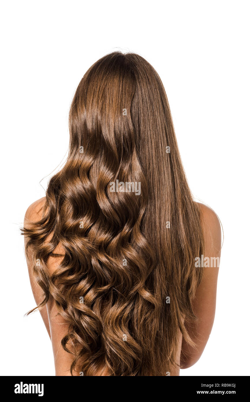 Back View Of Girl With Curly And Straight Long Brown Hair Isolated