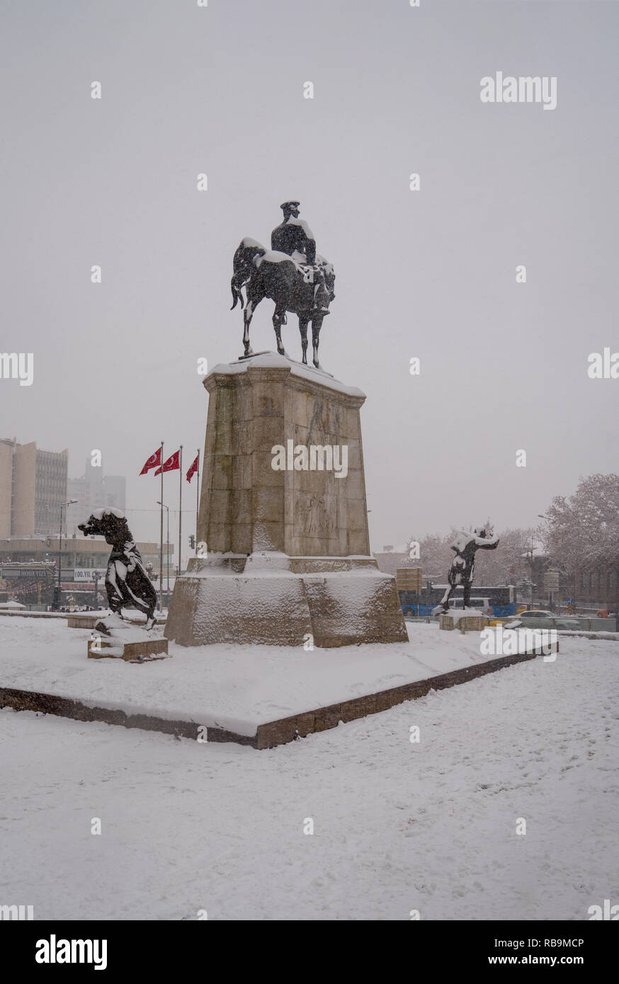 Ankara/Turkey-December 06 2019: Ataturk Statue in Ulus neighborhood in winter Stock Photo