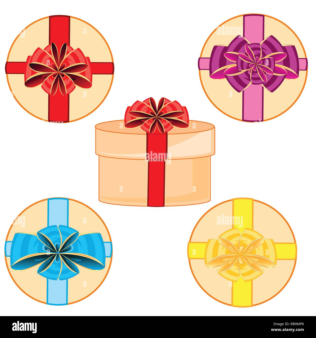 Gift round boxes decorated decorative bow colour Stock Vector
