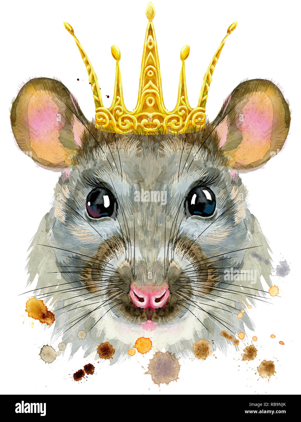 Medieval painting, realistic grey rat wearing a crown