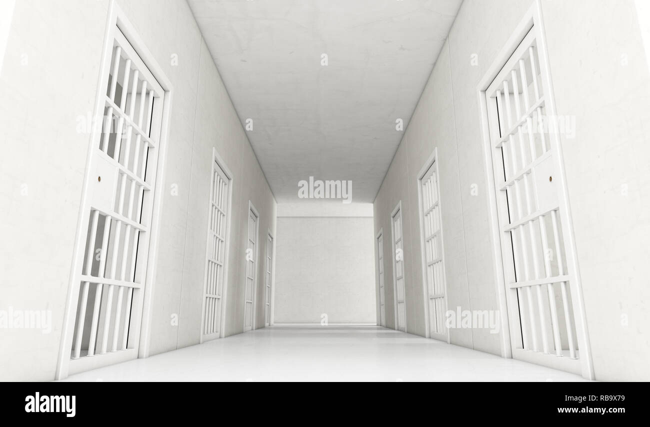 An interior concept a well lit corridor in a modern prison showing shut jail cells doors - 3D render Stock Photo