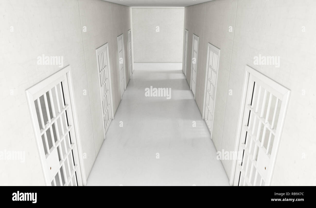 An interior concept a well lit corridor in a modern prison showing shut jail cells doors - 3D render Stock Photo