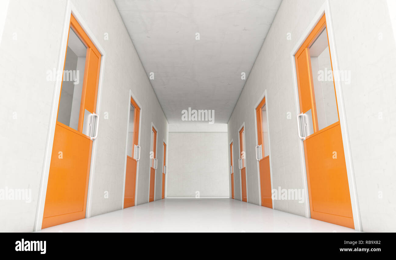 An interior concept a well lit corridor in a modern prison showing orange shut jail cells doors - 3D render Stock Photo