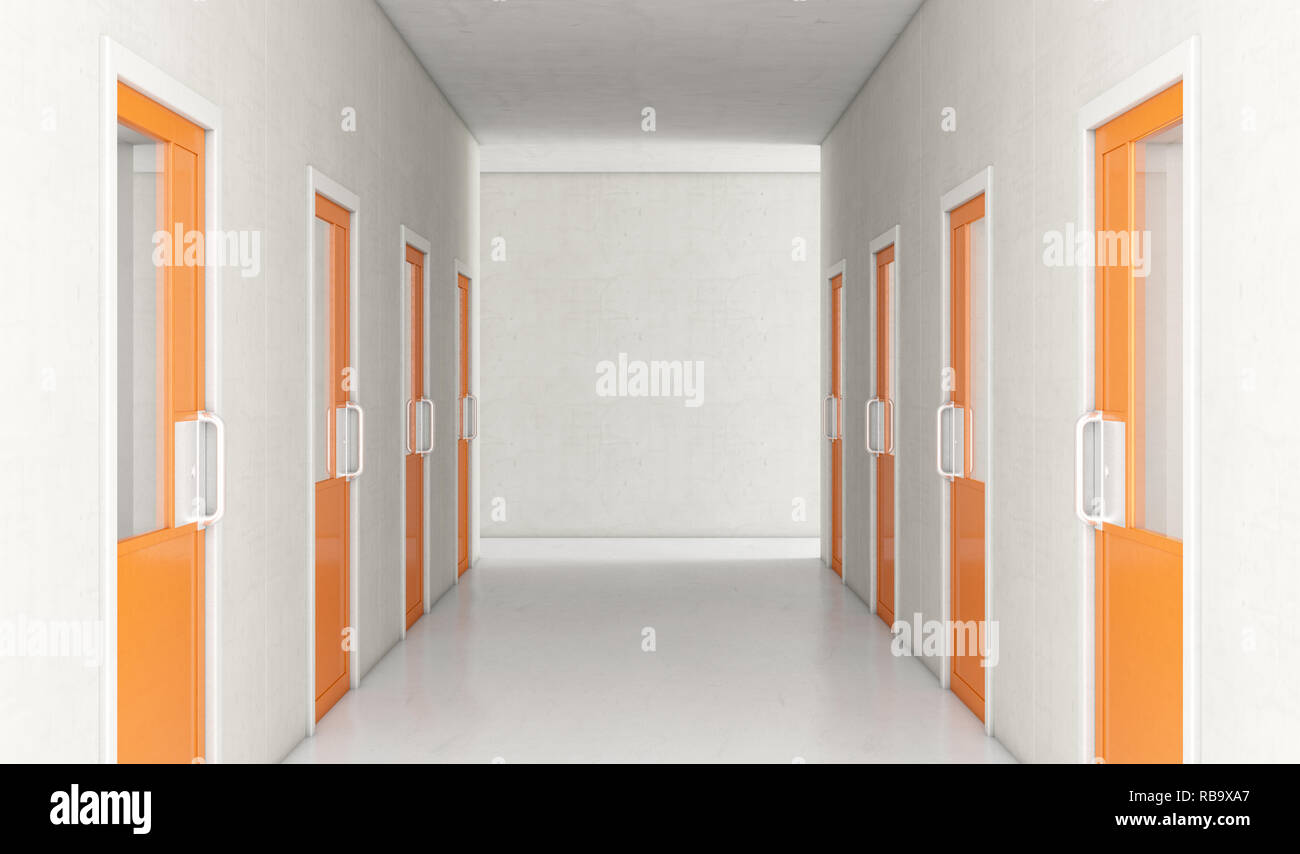 An interior concept a well lit corridor in a modern prison showing orange shut jail cells doors - 3D render Stock Photo
