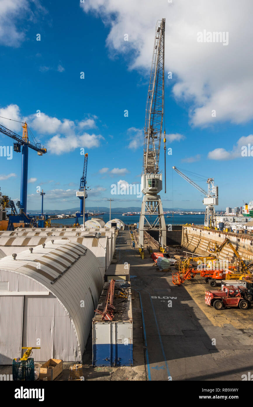 Gibraltar rock. Dry dock, dry dock with cranes, British overseas