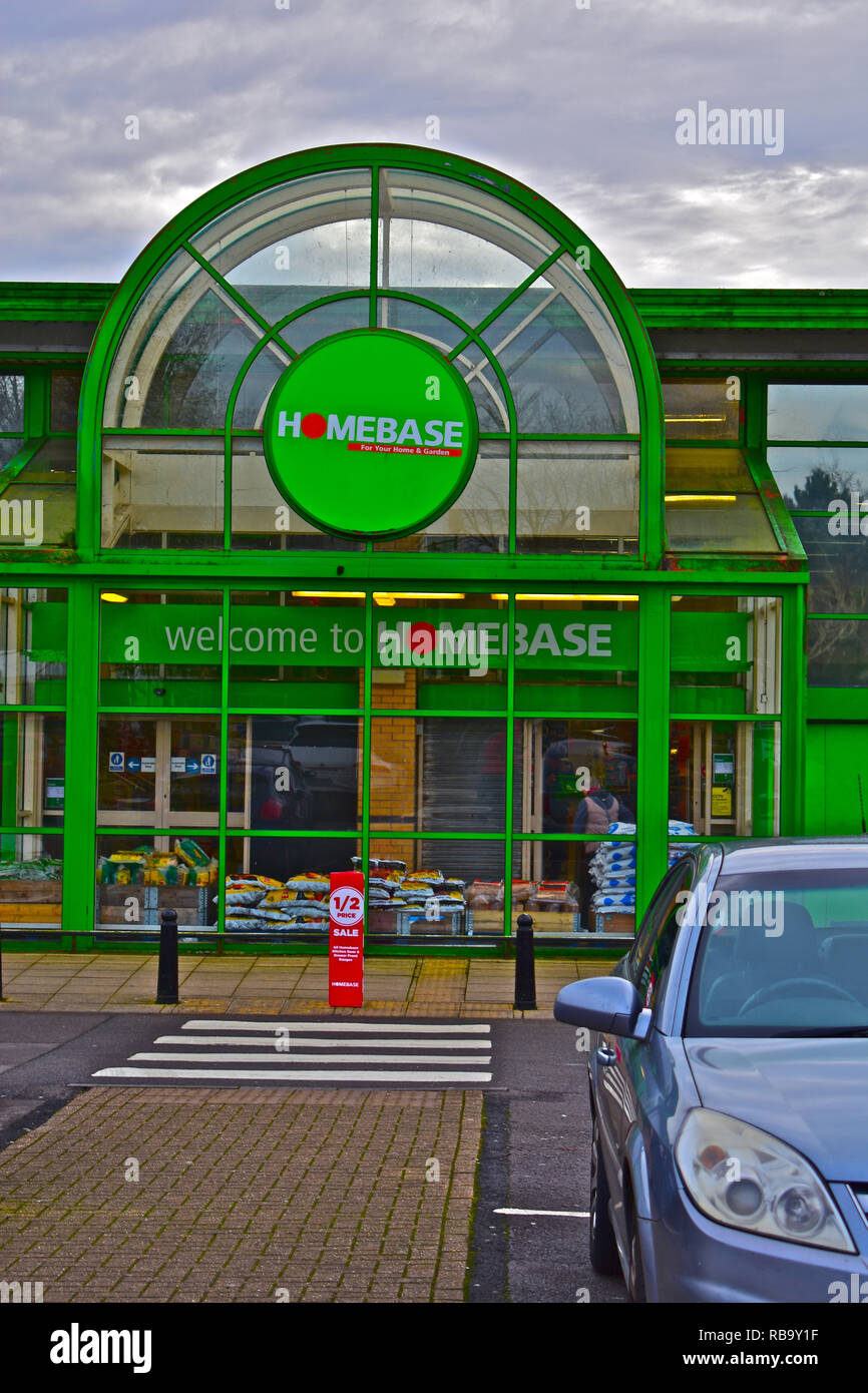 The front entrance of the Homebase store in Bridgend.Home improvements and garden centre shop. Bridgend Retail Park, South Wales Stock Photo