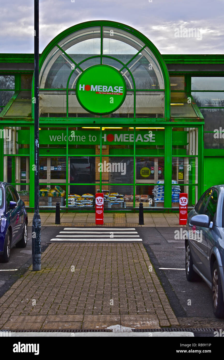 The front entrance of the Homebase store in Bridgend.Home improvements and garden centre shop. Bridgend Retail Park, South Wales Stock Photo