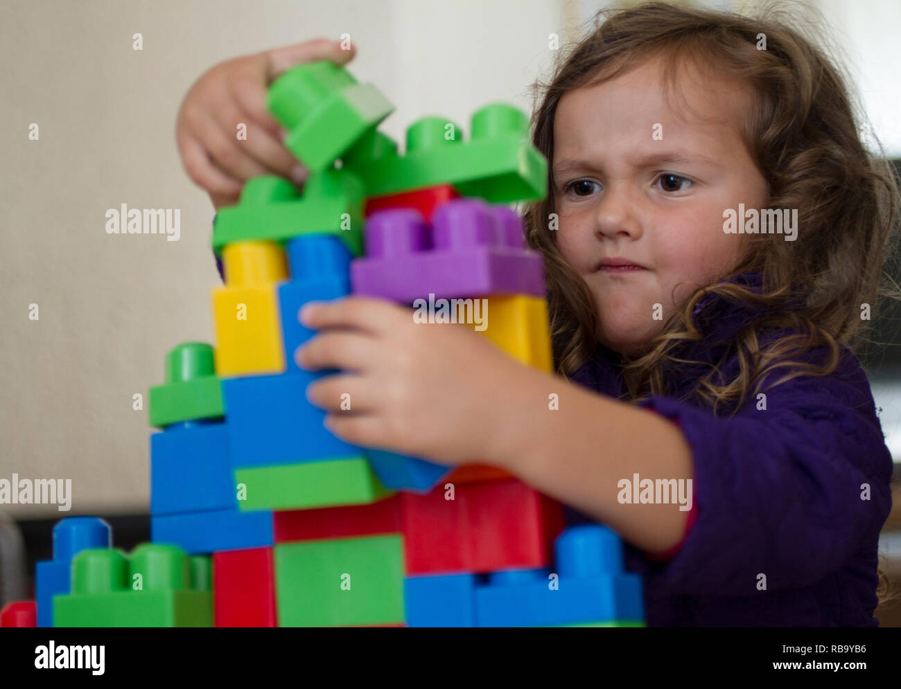 Young girl plays with building blocks Stock Photo