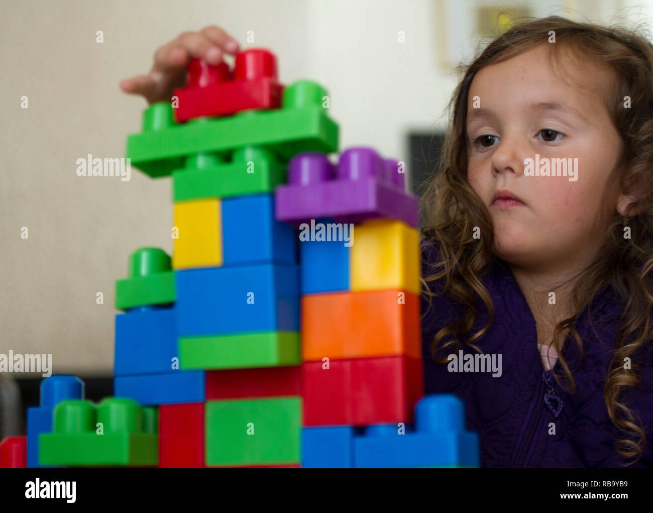 Young girl plays with building blocks Stock Photo