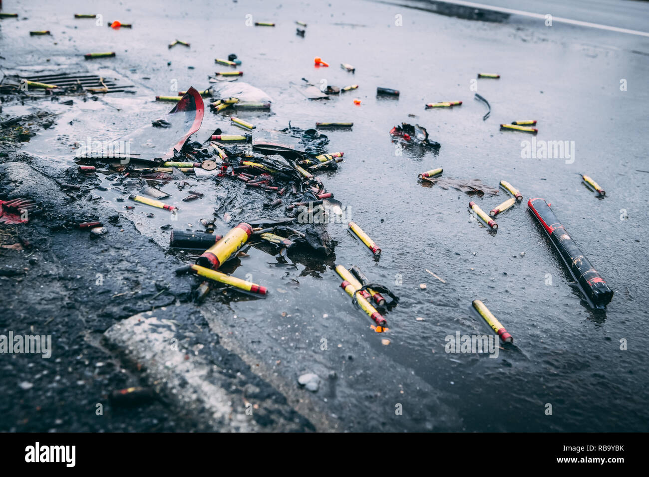 Fireworks mess on street after new years evening Stock Photo