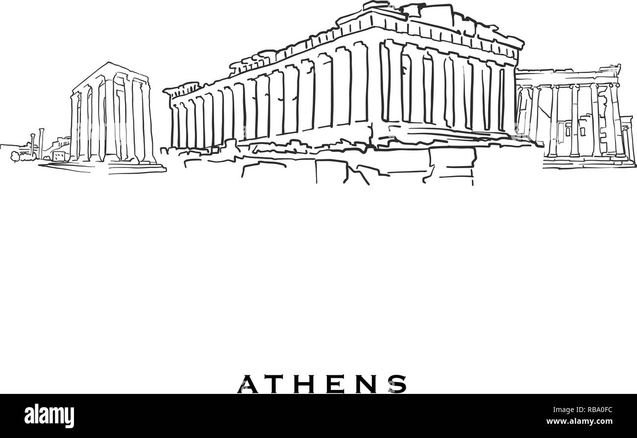 Athens Greece famous architecture. Outlined vector sketch separated on white background. Architecture drawings of all European capitals. Stock Vector