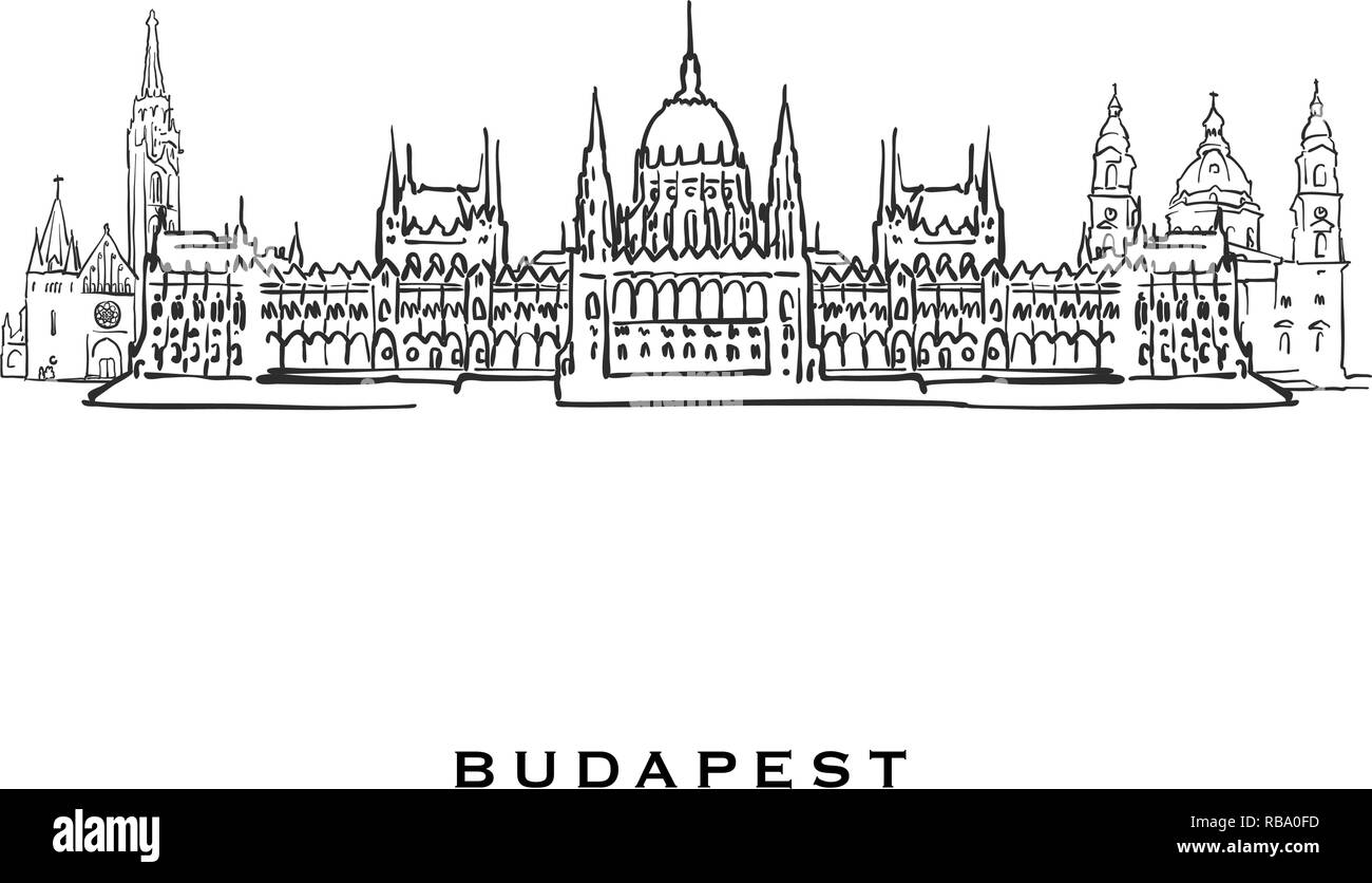Budapest Hungary famous architecture. Outlined vector sketch separated on white background. Architecture drawings of all European capitals. Stock Vector