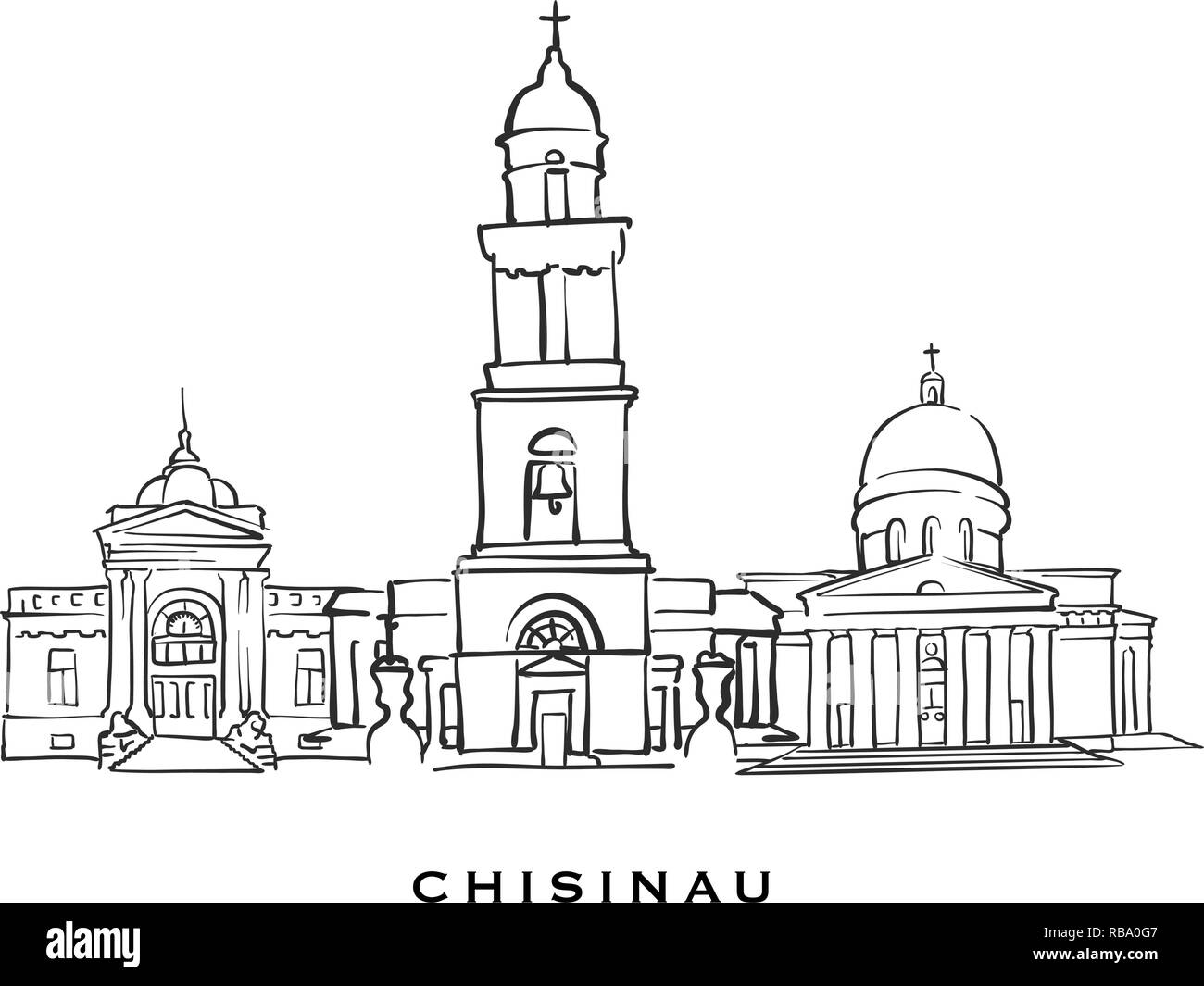 Chisinau Moldova famous architecture. Outlined vector sketch separated on white background. Architecture drawings of all European capitals. Stock Vector