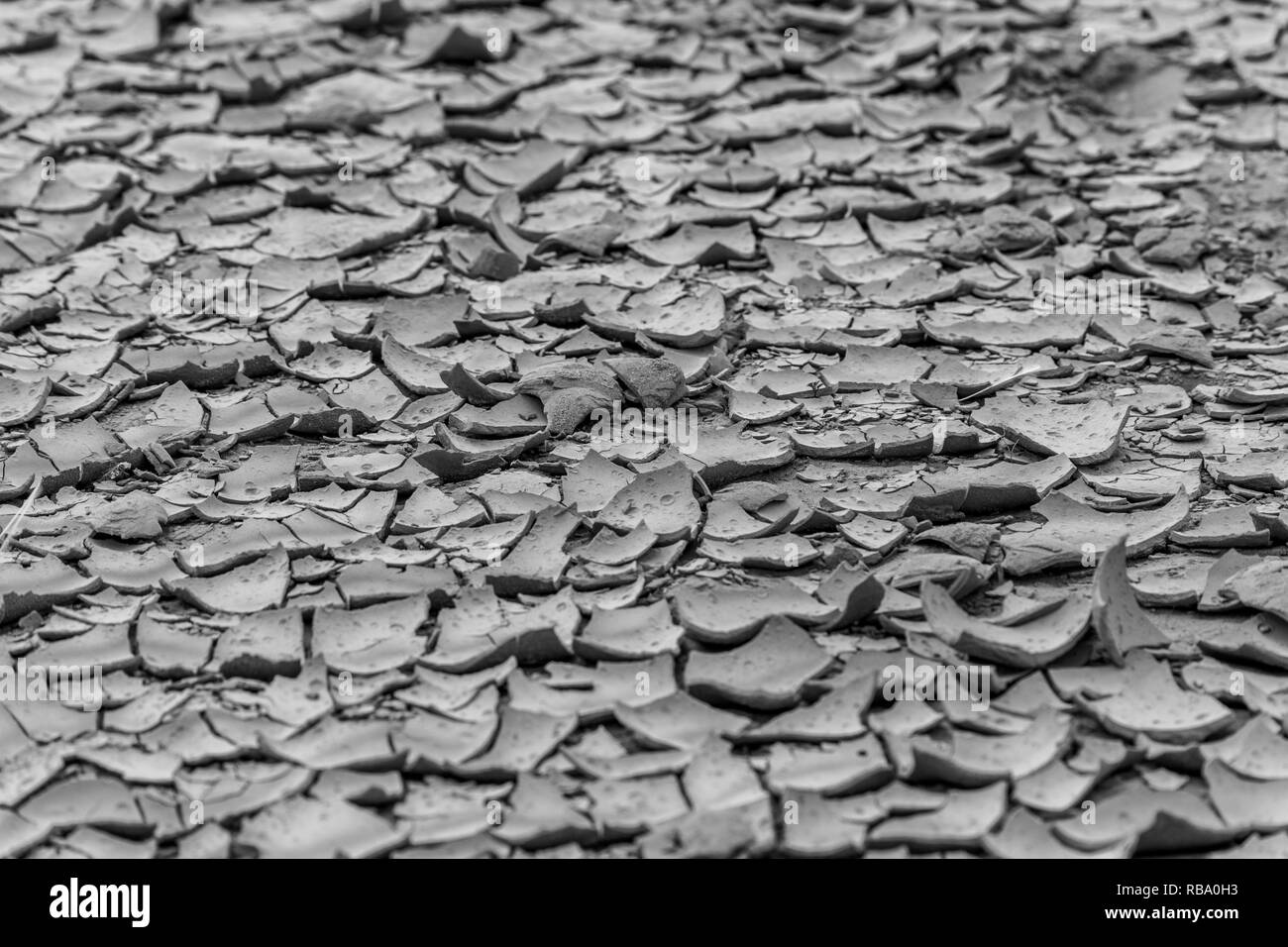 Black and white clay cracked up in the desert. Stock Photo