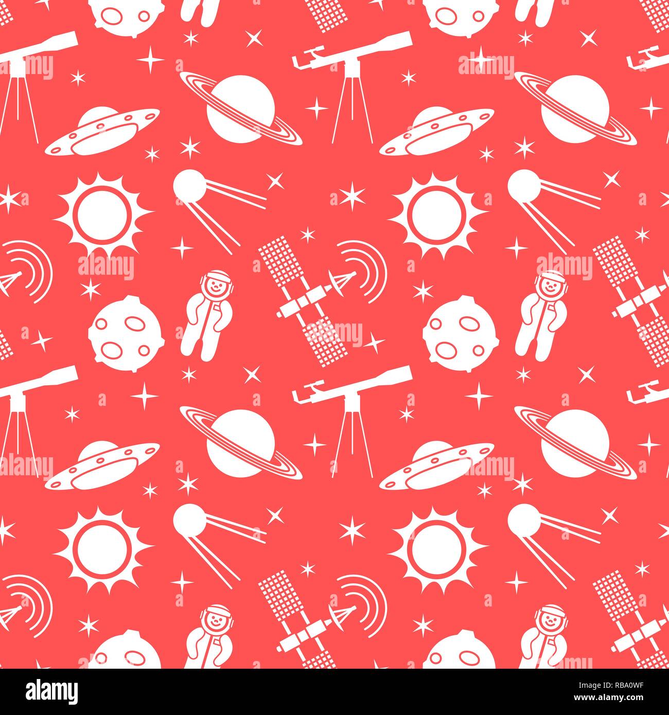 Seamless pattern with telescope, UFO, satellite, planets, astronaut, orbital station, sun, stars. Space exploration. Astronomy. Science. Stock Vector