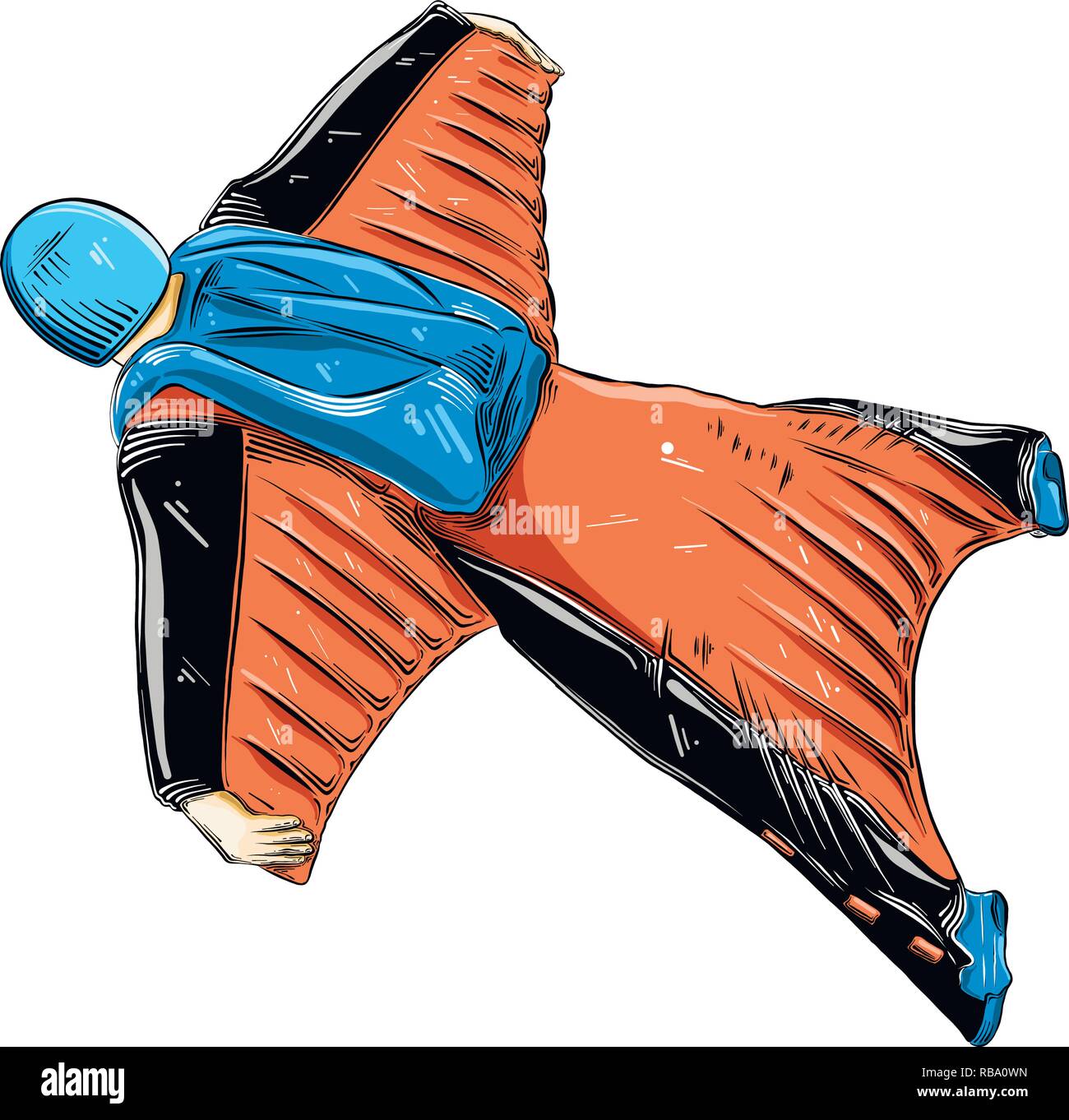 Hand drawn sketch of wingsuit in color, isolated on white background