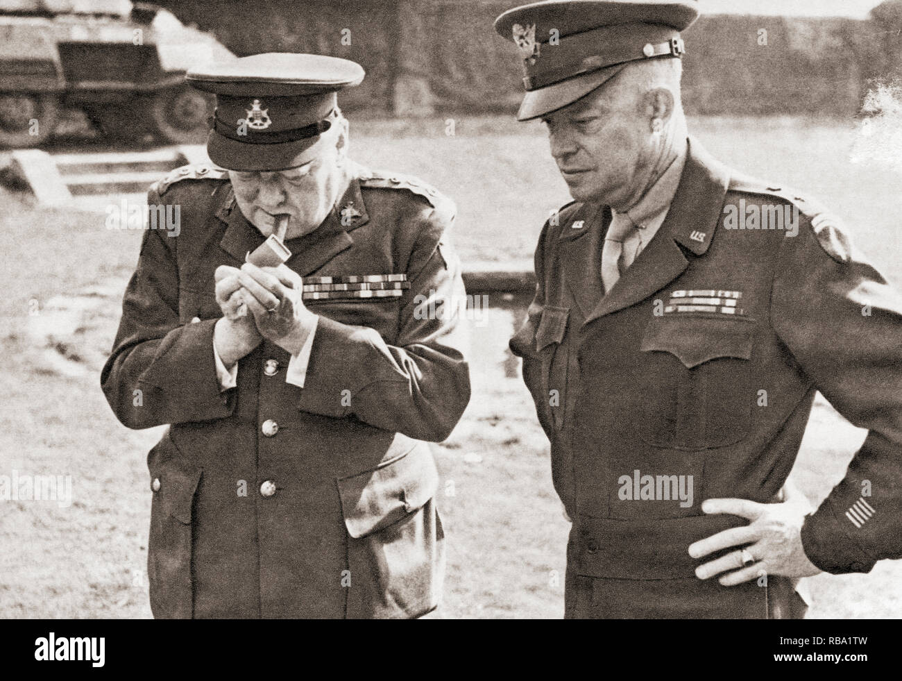 Winston Churchill, left, with General Eisenhower. Dwight David 'Ike' Eisenhower, 1890 – 1969. American army general, statesman and 34th president of the United States of America.  Sir Winston Leonard Spencer-Churchill, 1874 –1965. British politician, statesman, army officer, and writer, who was Prime Minister of the United Kingdom from 1940 to 1945 and again from 1951 to 1955. Stock Photo