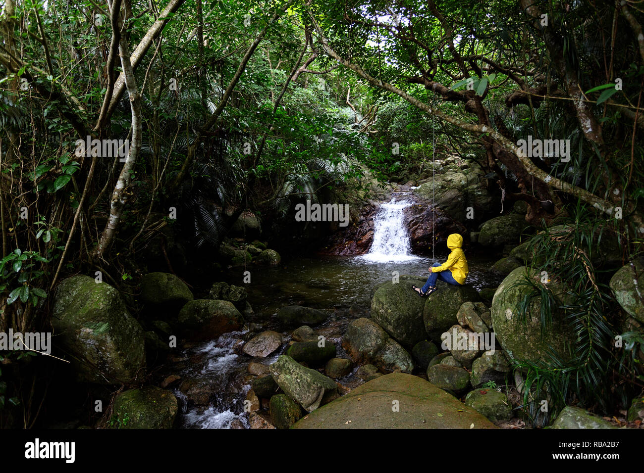 Woman sitting on a rock while stream trekking in tropical forest at Arakawa falls, Ishigaki, Japan Stock Photo