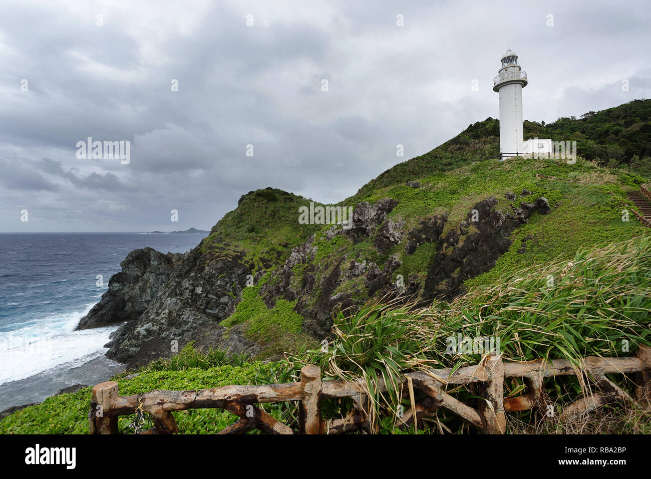 Rough sea on the wild coastline at Uganzaki Lighthouse in Ishigaki Island, Okinawa Japan Stock Photo