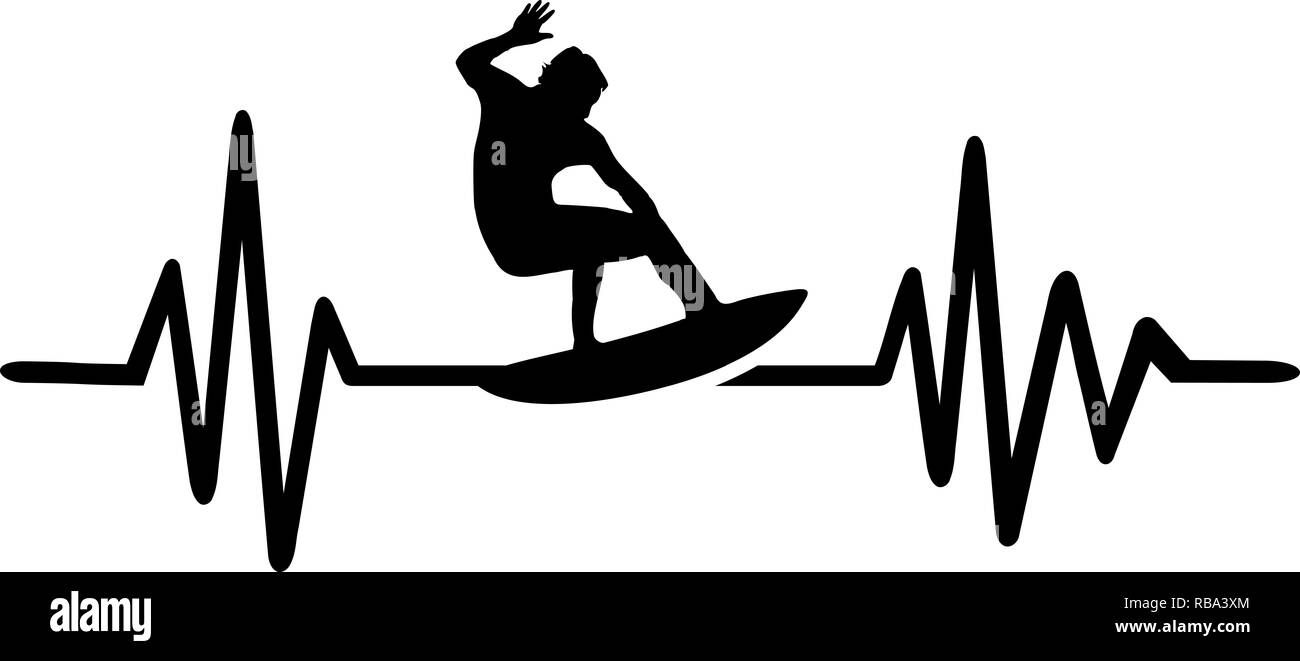 Heartbeat pulse line with surfer on waves Stock Photo