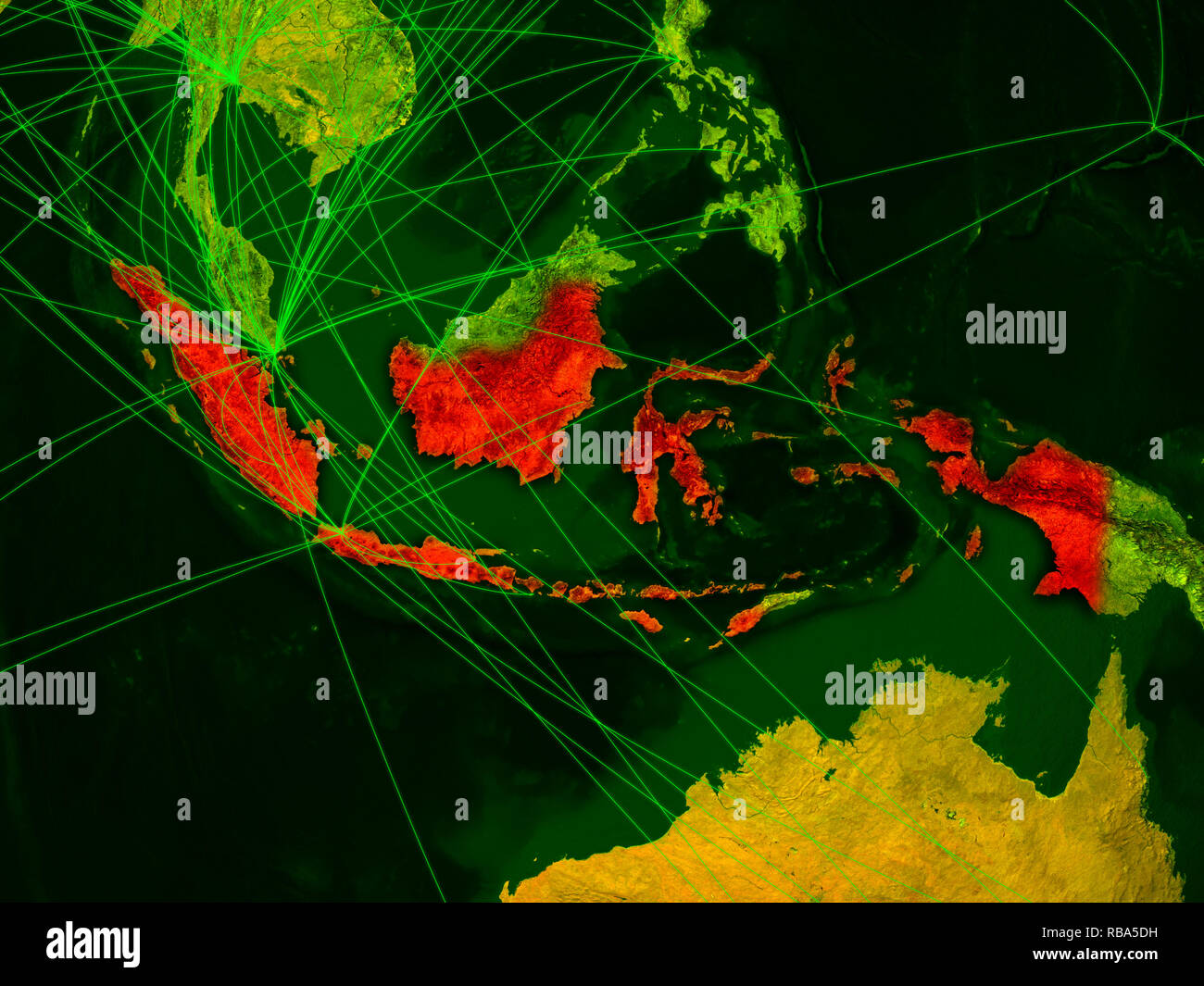 Indonesia on digital map with networks. Concept of international travel, communication and technology. 3D illustration. Elements of this image furnish Stock Photo