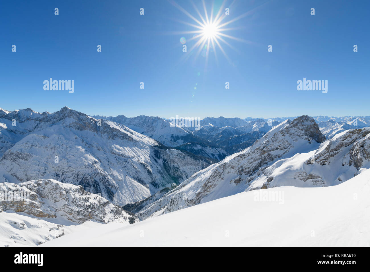 Karwendel mountainrange with sun in winter, Mittenwald, Upper Bavaria, Bavaria, Germany, European Alps Stock Photo