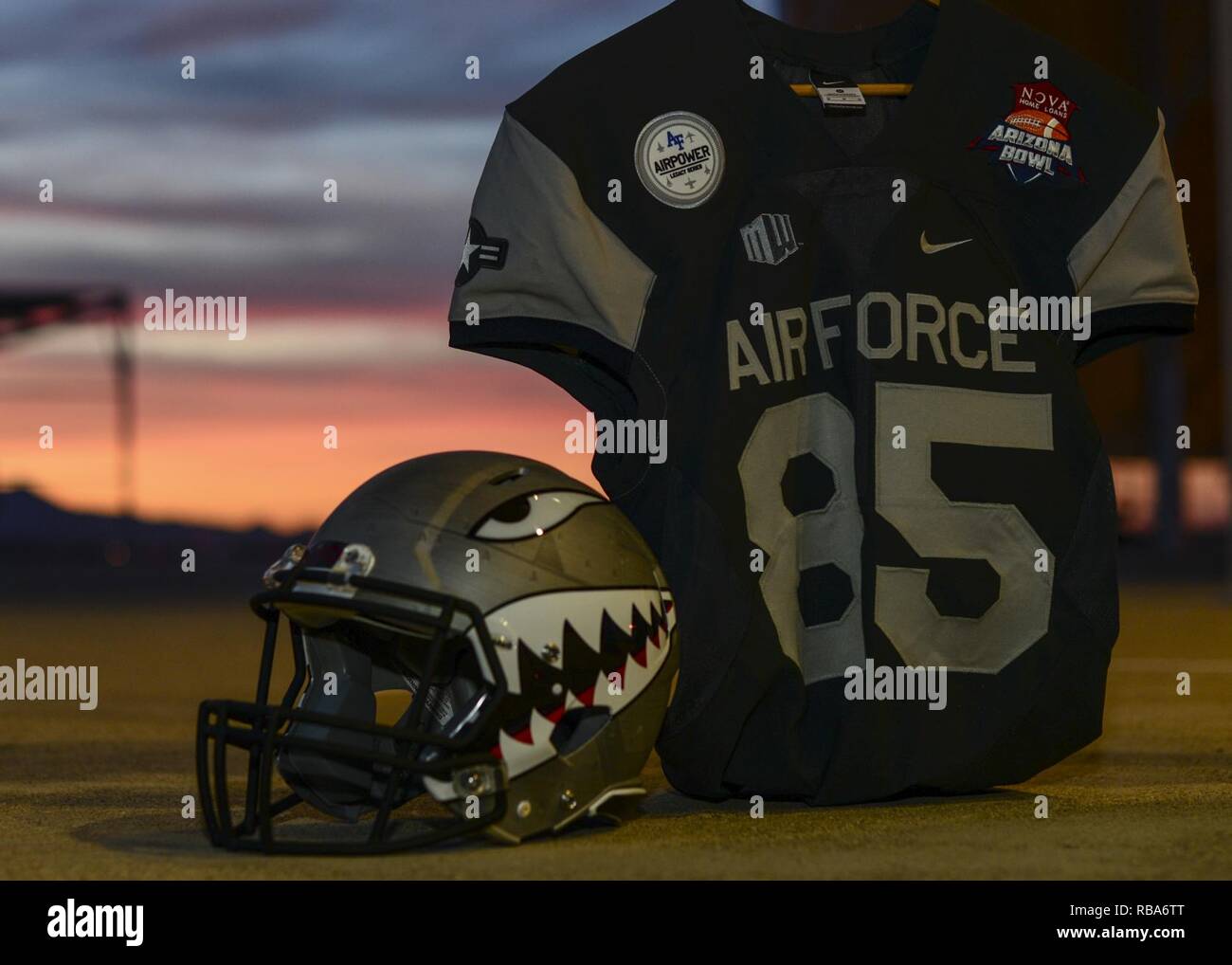 A U.S. Air Force Academy football team helmet and jersey are