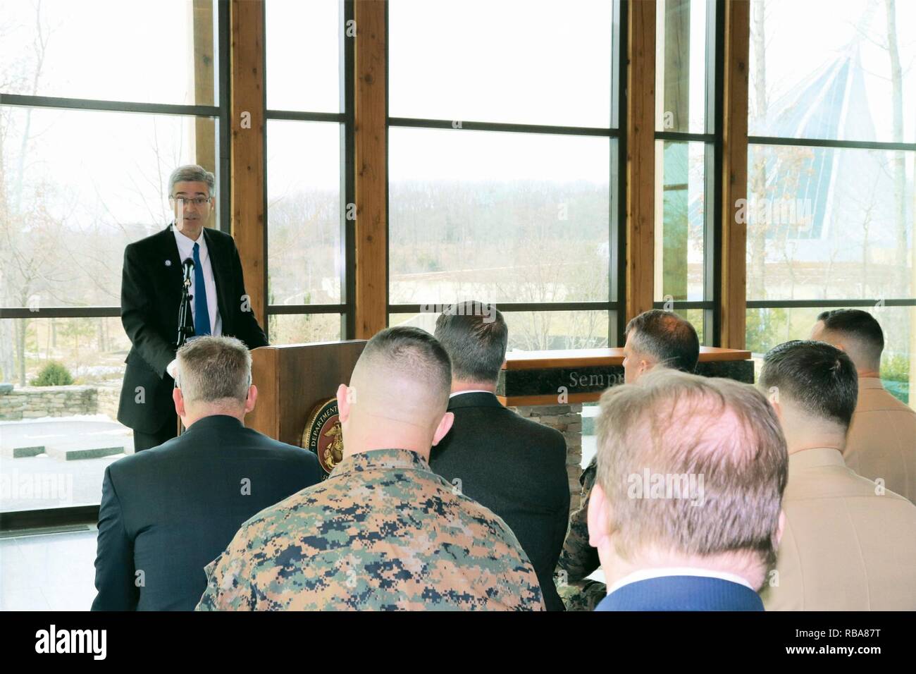 Dr. Barry Butler, president of Embry-Riddle Aeronautical University, delivers remarks at the ribbon-cutting ceremony for Microsoft Software & Systems Academy (MSSA) aboard Quantico Jan. 8, 2018. Stock Photo