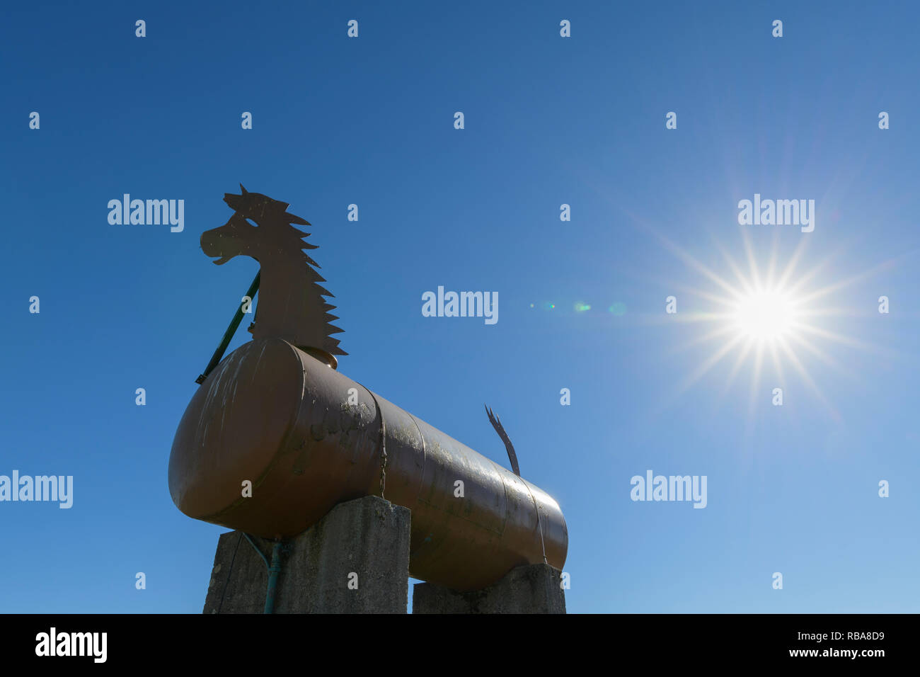 Trojan horse with sun, Grandenborn, Ringgau, Werra-Meissner district, Hesse, Germany Stock Photo