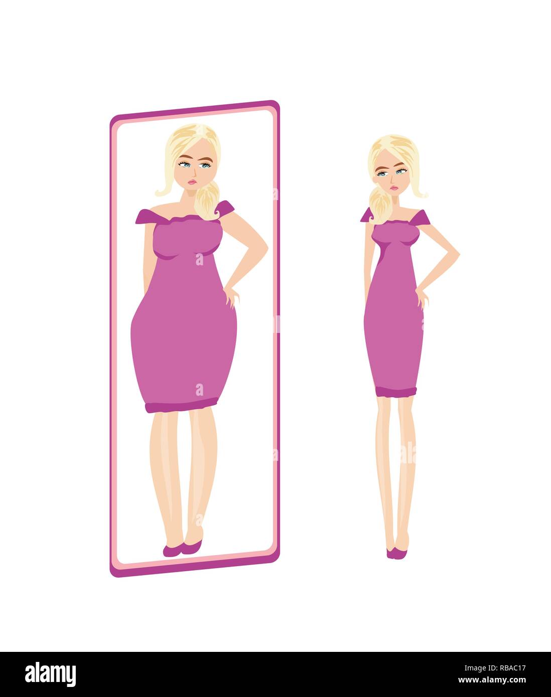 Unhappy girl is looking at herself in the mirror Stock Vector