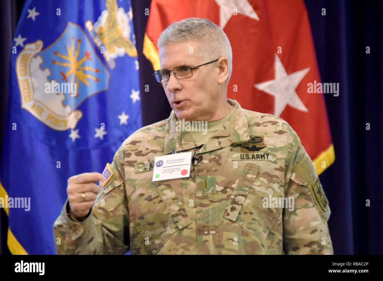 Chief Warrant Officer 5 Peter T. Panos, Command Chief of the National Guard, speaks to senior leaders in attendance at the 2017 National Guard Senior Commanders Forum held at the Professional Education Center on the Robinson Maneuver Training Center in North Little Rock, Arkansas. Stock Photo