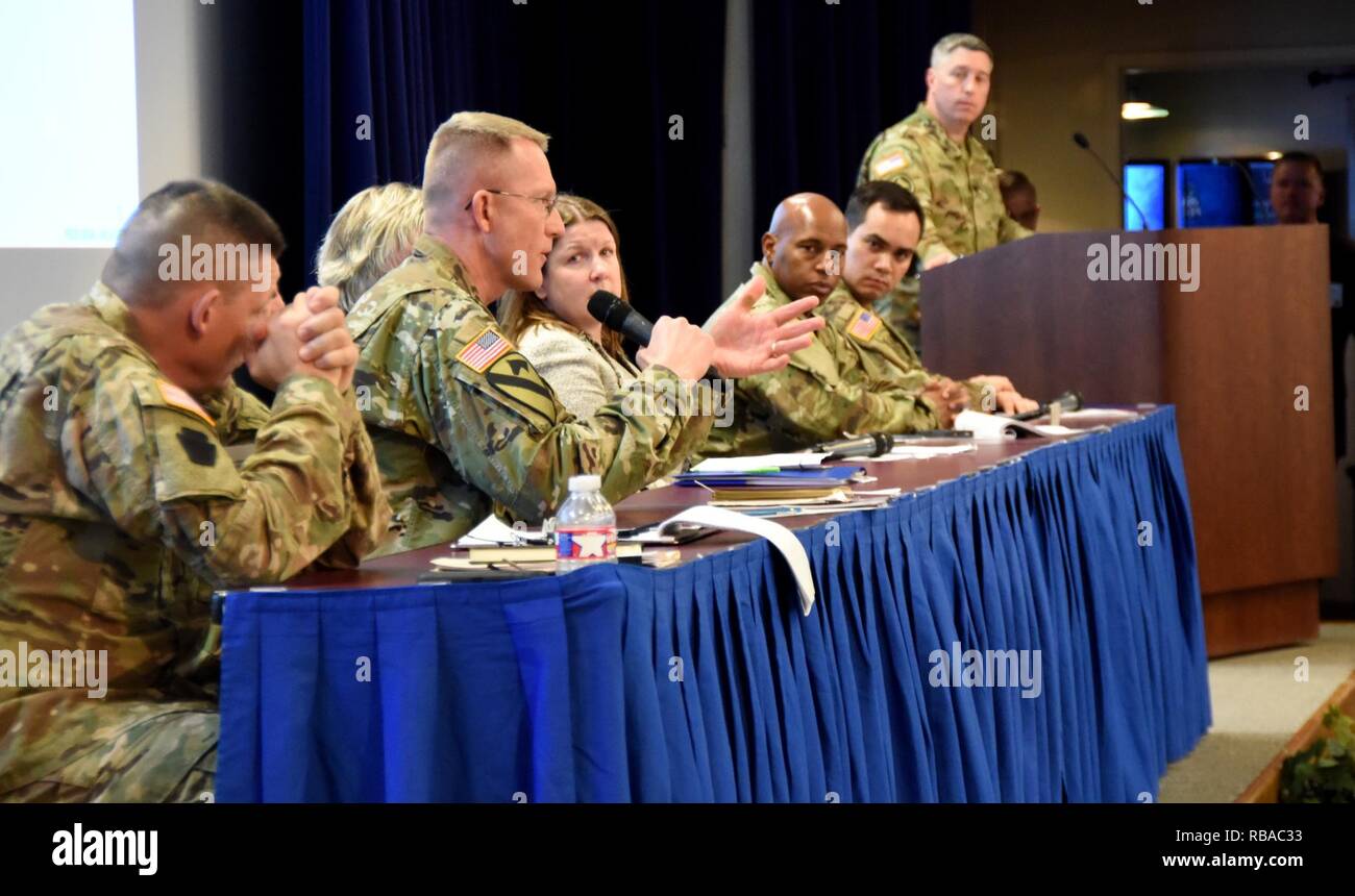 Lt. Col. Joel Lynch, Public Affairs Officer for the Arkansas National Guard, addresses communication issues with senior leaders from across the nation at the 2017 National Guard Senior Commanders Forum held at the Professional Education Center on the Robinson Maneuver Training Center in North Little Rock, Arkansas. Stock Photo