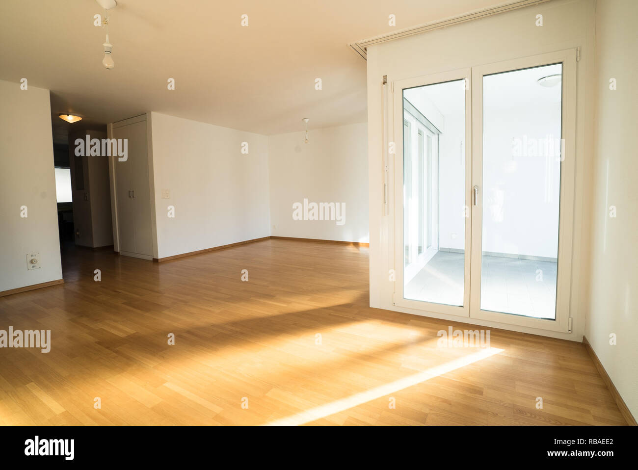 bright new living room in an empty apartment with french doors and ...