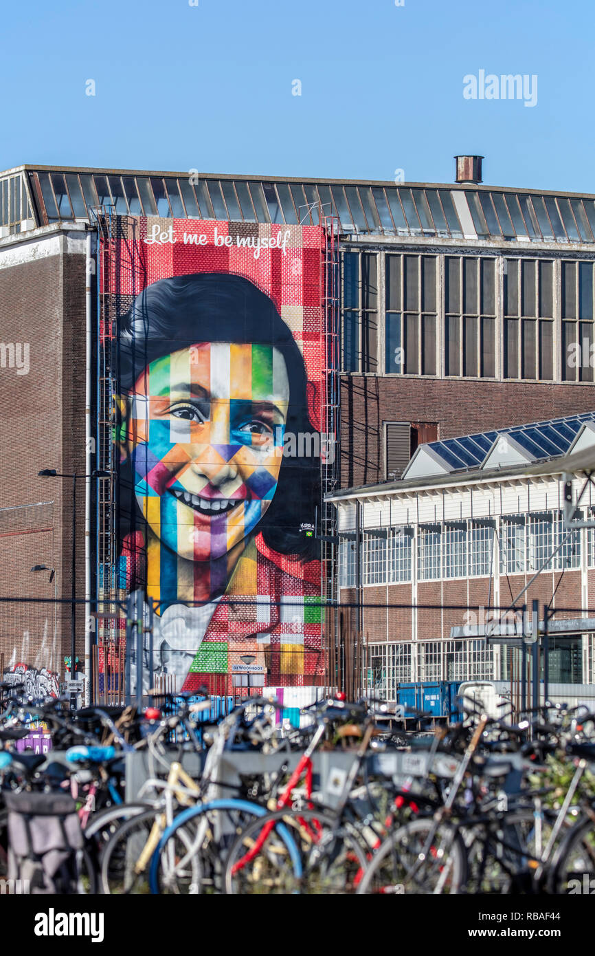 The Netherlands, Amsterdam, Graffiti, street art, Anne Frank painted by Brazilian artist Eduardo Kobra on Laslood door of former warehouse in NDSM dis Stock Photo