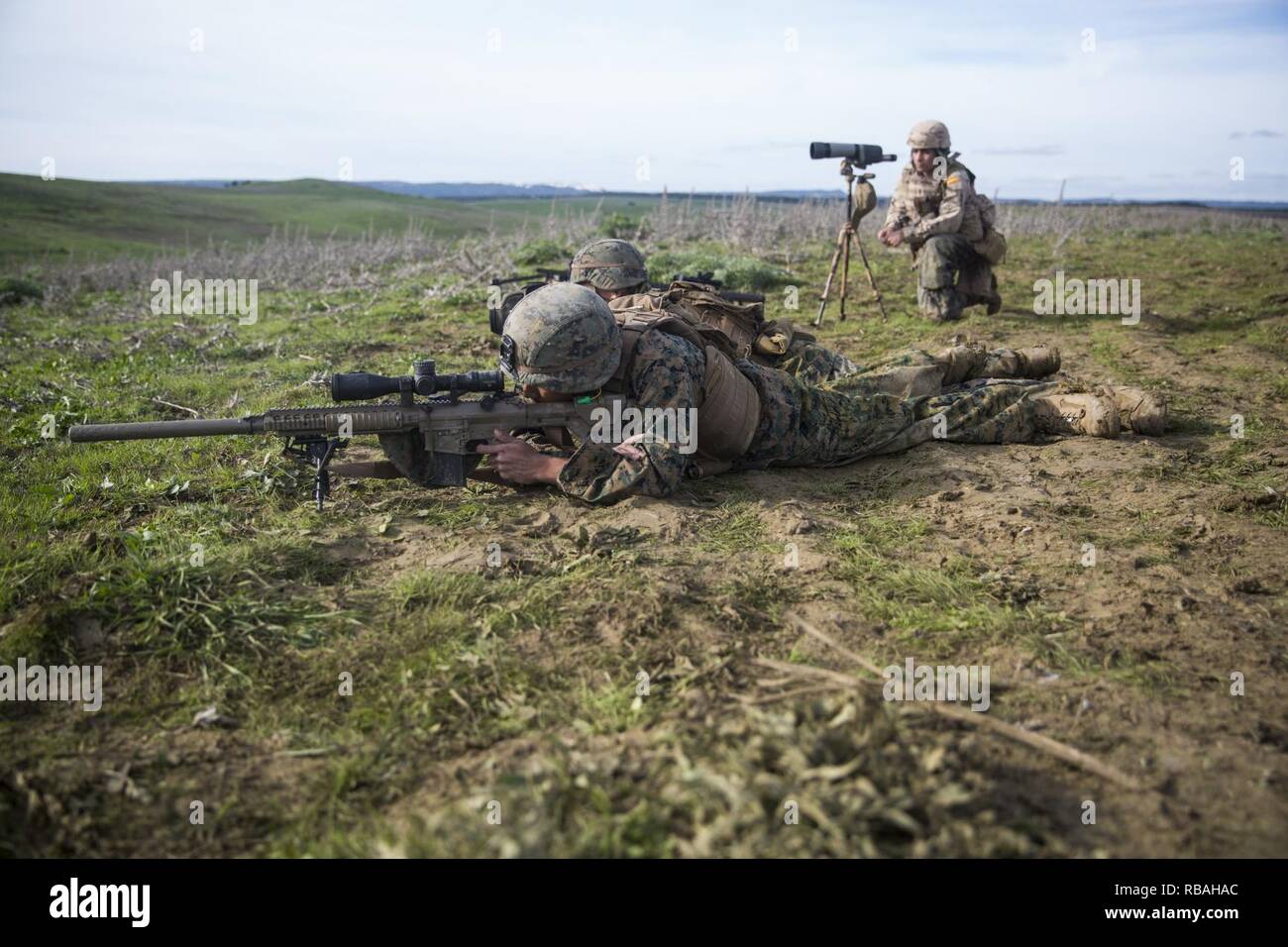 A U.S. Marine with Special Purpose Marine Air-Ground Task Force-Crisis Response-Africa fires a SAS M110 sniper rifle during a training event in Sierra De Retin, Spain, Dec. 19, 2018. SPMAGTF-CR-AF is a rotational force deployed to conduct crisis-response and theater-security operations in Europe and Africa. Stock Photo